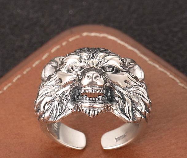 Punk domineering personality wolf head ring men's trendy index finger ring S925 silver Seiko beast opening ring - MOWTE