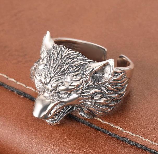 Punk domineering personality wolf head ring men's trendy index finger ring S925 silver Seiko beast opening ring - MOWTE