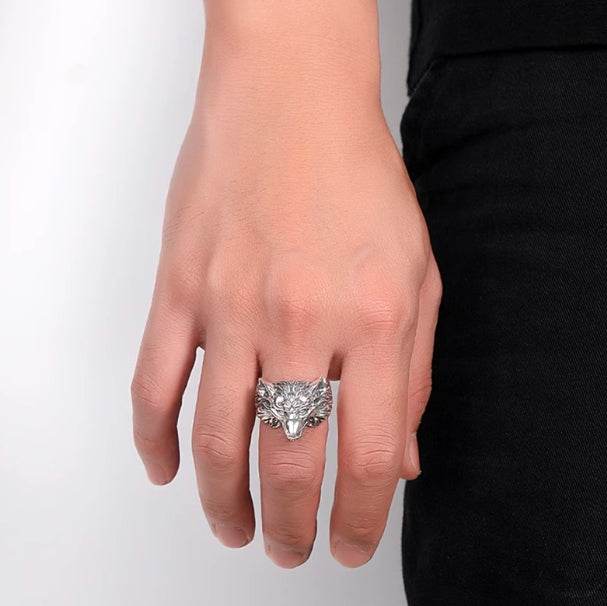 Punk domineering personality wolf head ring men's trendy index finger ring S925 silver Seiko beast opening ring - MOWTE