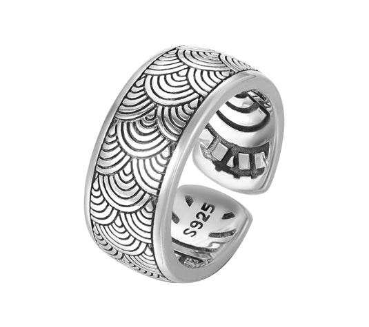S925 sterling silver wave pattern ring men's trendy punk hip-hop wave index finger ring personalized open ring - MOWTE