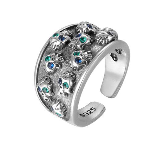 Dark style blue green eyes skull ring for men S925 sterling silver hip hop personalized open ring - MOWTE