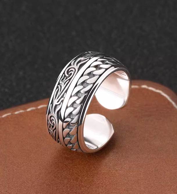 925 sterling silver chain rattan grass pattern opening design high street trendy ring men's index finger ring - MOWTE