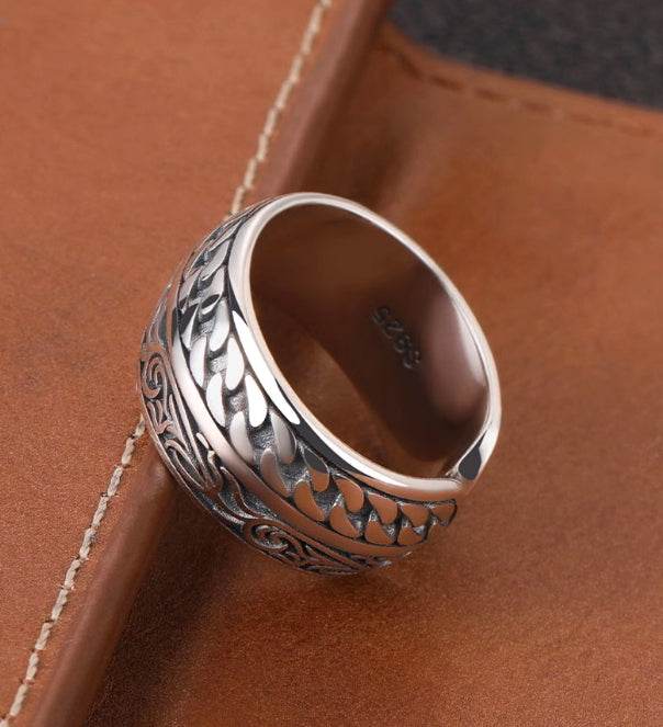 925 sterling silver chain rattan grass pattern opening design high street trendy ring men's index finger ring - MOWTE
