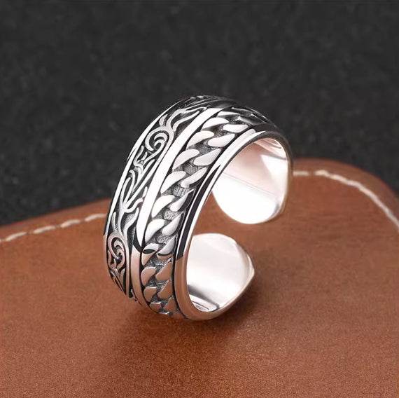 925 sterling silver chain rattan grass pattern opening design high street trendy ring men's index finger ring - MOWTE