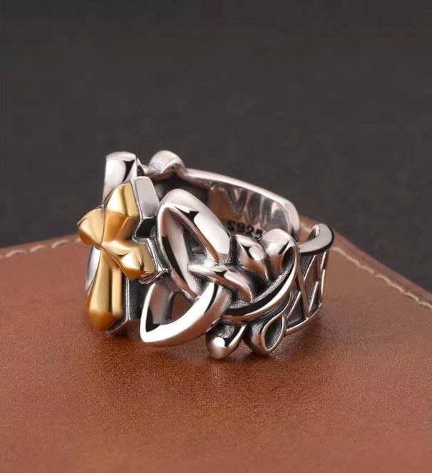 925 sterling silver hollow cross open ring men's high-end texture wide ring hip-hop personality - MOWTE