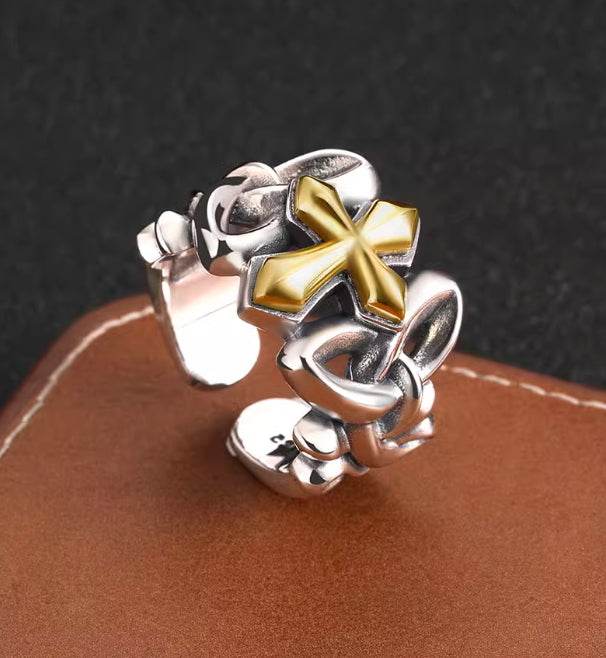 925 sterling silver hollow cross open ring men's high-end texture wide ring hip-hop personality - MOWTE