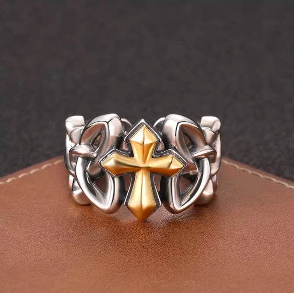 925 sterling silver hollow cross open ring men's high-end texture wide ring hip-hop personality - MOWTE