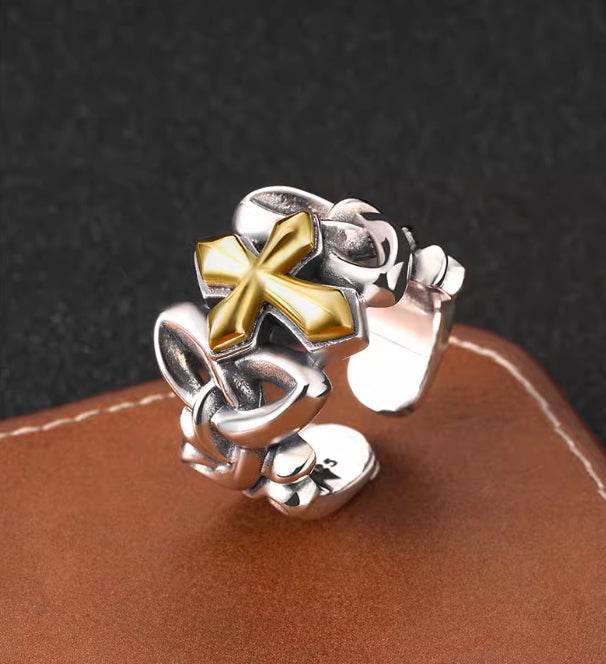925 sterling silver hollow cross open ring men's high-end texture wide ring hip-hop personality - MOWTE