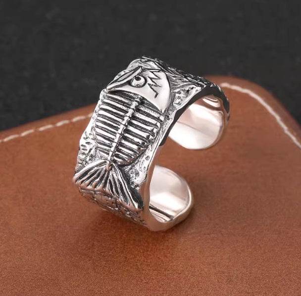 Exaggerated personality fishbone open ring S925 sterling silver hip-hop lucky koi ring index finger ring for men - MOWTE
