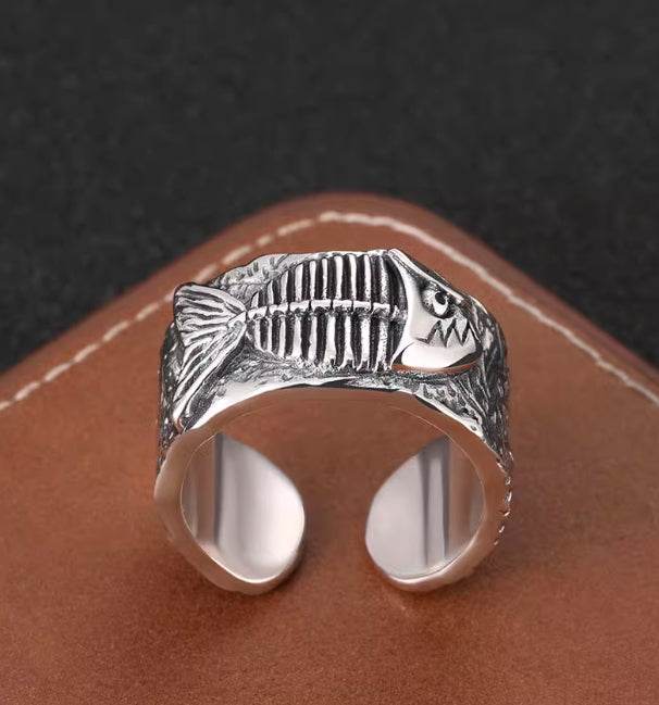 Exaggerated personality fishbone open ring S925 sterling silver hip-hop lucky koi ring index finger ring for men - MOWTE