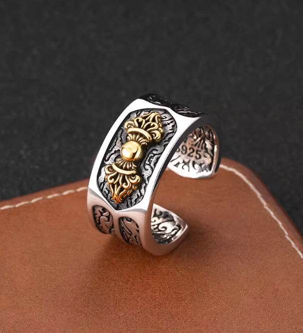 Vajra vine grass pattern open ring for men 925 sterling silver retro personalized embossed antique style wide ring - MOWTE