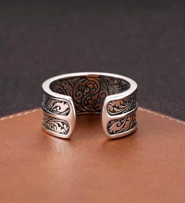 Vajra vine grass pattern open ring for men 925 sterling silver retro personalized embossed antique style wide ring - MOWTE
