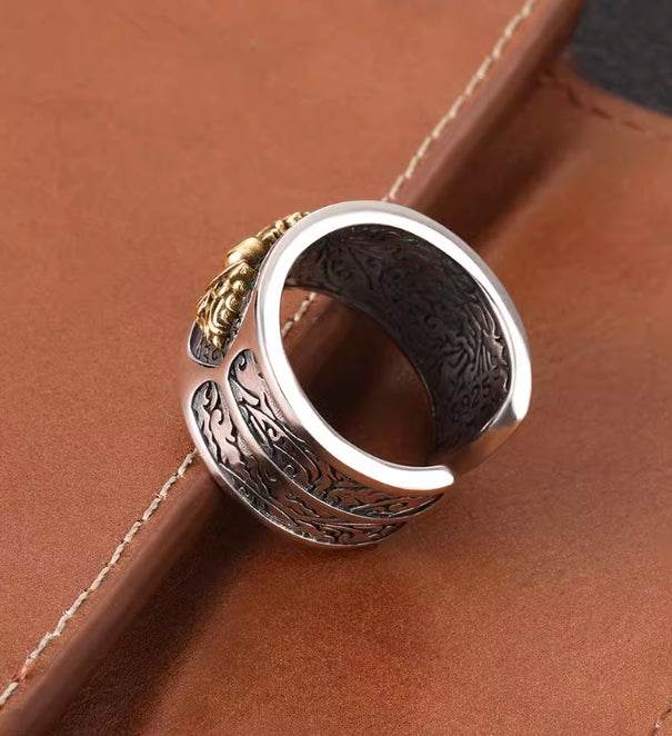 Vajra vine grass pattern open ring for men 925 sterling silver retro personalized embossed antique style wide ring - MOWTE