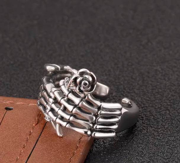 Dark style skull holding rose ring men's S925 sterling silver personality punk trendy open ring - MOWTE