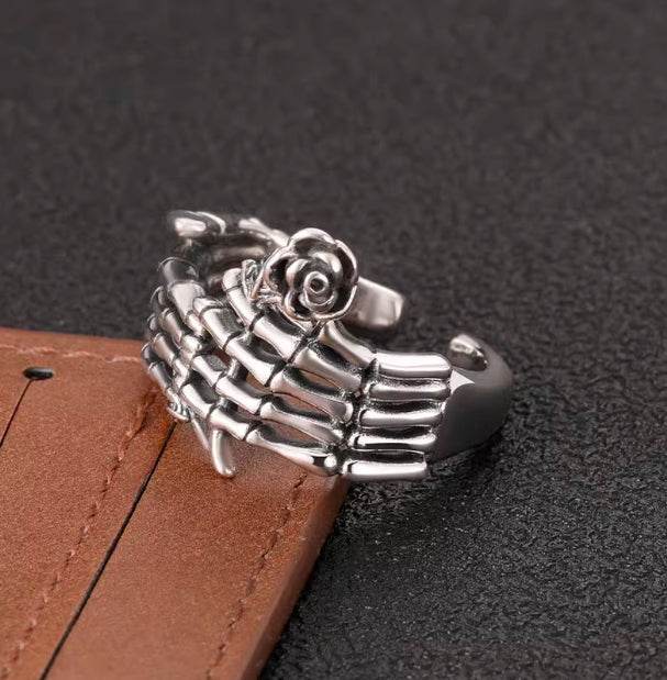 Dark style skull holding rose ring men's S925 sterling silver personality punk trendy open ring - MOWTE