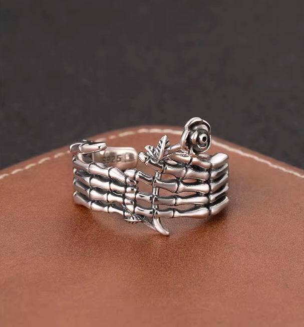 Dark style skull holding rose ring men's S925 sterling silver personality punk trendy open ring - MOWTE