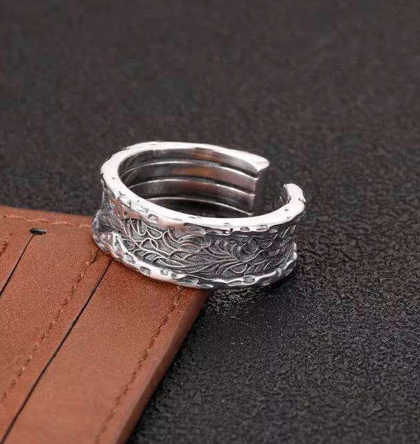 Retro rattan grass pattern open ring for men, trendy 925 sterling silver personalized tree pattern texture engraving ring for women - MOWTE