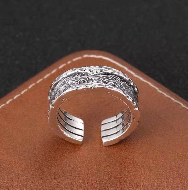 Retro rattan grass pattern open ring for men, trendy 925 sterling silver personalized tree pattern texture engraving ring for women - MOWTE