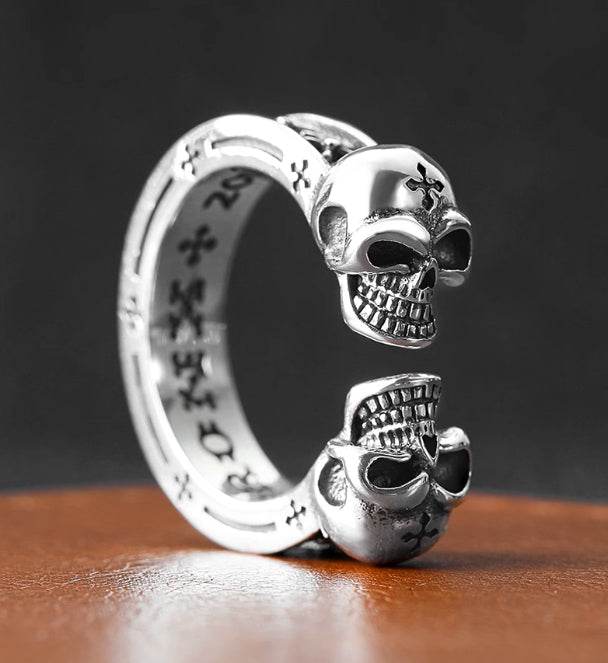 S925 sterling silver double skull ring for women hip hop personalized open ring cross index finger ring for men - MOWTE