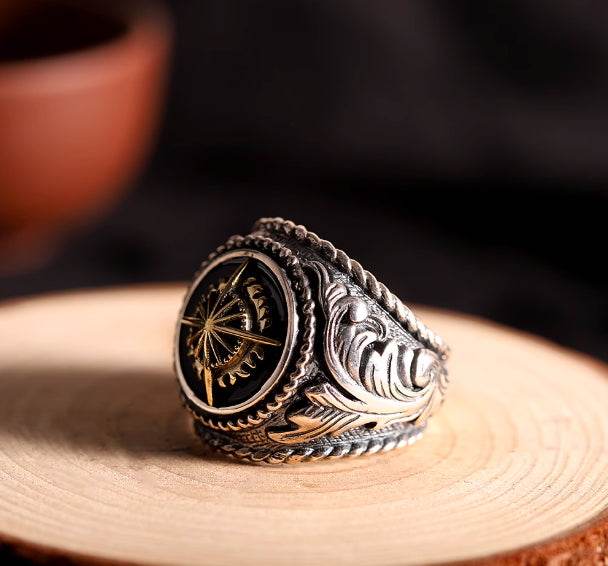 s925 sterling silver retro silver men's fashionable and domineering sun ancient rattan totem pattern index finger ring - MOWTE