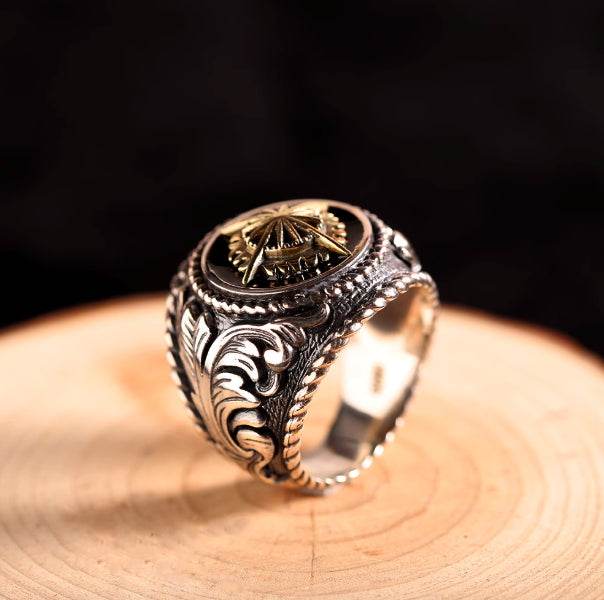 s925 sterling silver retro silver men's fashionable and domineering sun ancient rattan totem pattern index finger ring - MOWTE