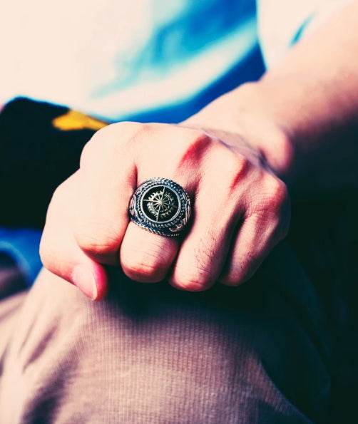 s925 sterling silver retro silver men's fashionable and domineering sun ancient rattan totem pattern index finger ring - MOWTE