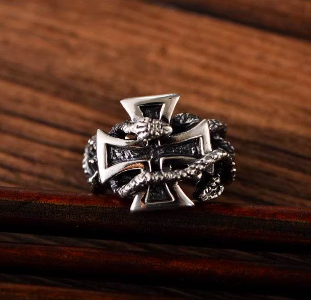 s925 sterling silver retro domineering men's fashion trend cross python entwined retro ring - MOWTE