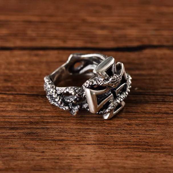 s925 sterling silver retro domineering men's fashion trend cross python entwined retro ring - MOWTE
