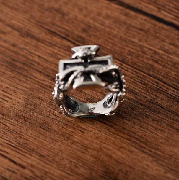 s925 sterling silver retro domineering men's fashion trend cross python entwined retro ring - MOWTE