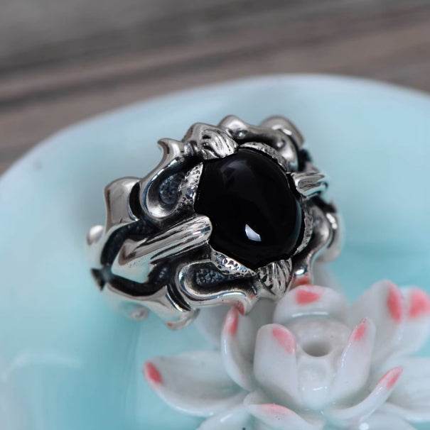 s925 sterling silver ring retro crusade flower black agate personalized men's ring index finger gift - MOWTE