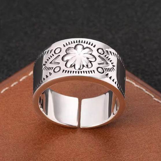 925 sterling silver Indian open ring for men vintage hand-engraved pattern Navajo style wide ring for women - MOWTE