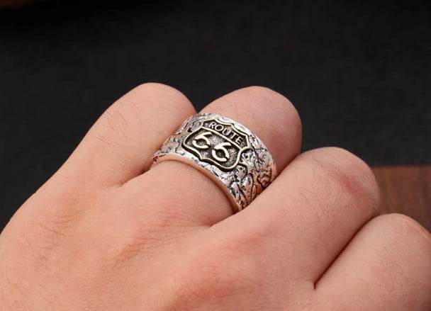s925 sterling silver fashion retro simple freedom road Route 66 men's motorcycle punk ring - MOWTE