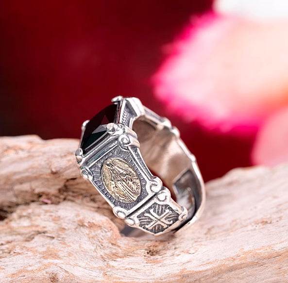 s925 sterling silver fashion personality Seiko black agate simple versatile open unisex style silver ring portrait ring - MOWTE