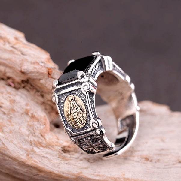 s925 sterling silver fashion personality Seiko black agate simple versatile open unisex style silver ring portrait ring - MOWTE