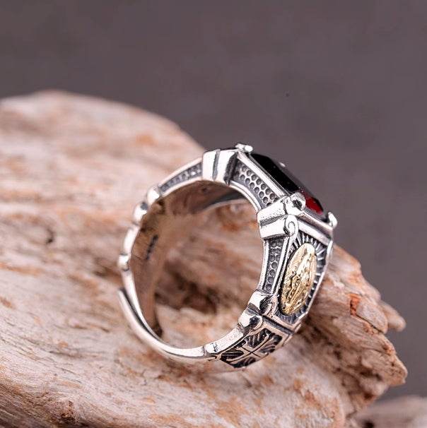 s925 sterling silver fashion personality Seiko black agate simple versatile open unisex style silver ring portrait ring - MOWTE