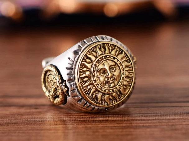 s925 sterling silver retro men's open index finger ring fashion sun god totem pattern personalized ring - MOWTE