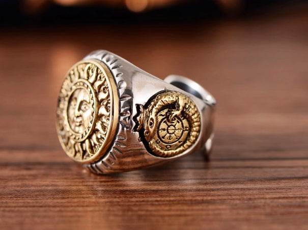 s925 sterling silver retro men's open index finger ring fashion sun god totem pattern personalized ring - MOWTE