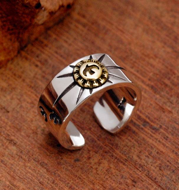 S925 sterling silver trendy men's ring high bridge inlaid with copper flying eagle ray totem mark open men's and women's simple ring - MOWTE