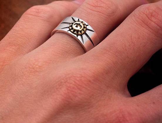 S925 sterling silver trendy men's ring high bridge inlaid with copper flying eagle ray totem mark open men's and women's simple ring - MOWTE