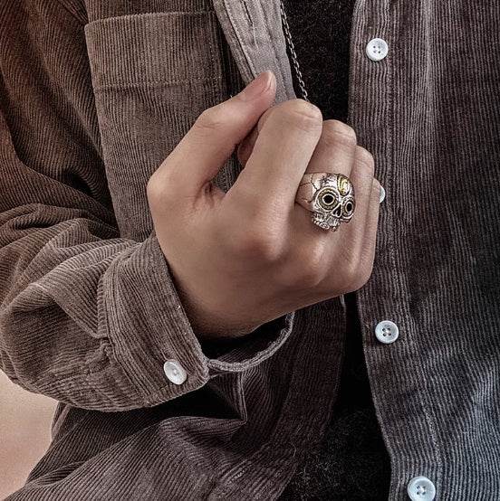 S925 silver domineering rock sterling silver skull ring retro men's trendy personality open ring index finger - MOWTE