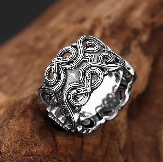 S925 sterling silver men's open ancient pattern ethnic style ring retro fashion personalized ring - MOWTE