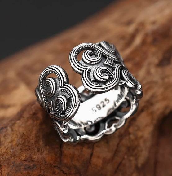 S925 sterling silver men's open ancient pattern ethnic style ring retro fashion personalized ring - MOWTE