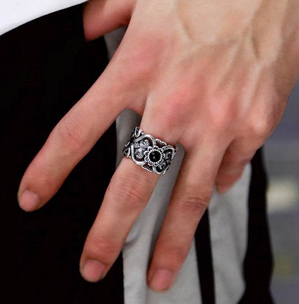 S925 sterling silver men's open ancient pattern ethnic style ring retro fashion personalized ring - MOWTE