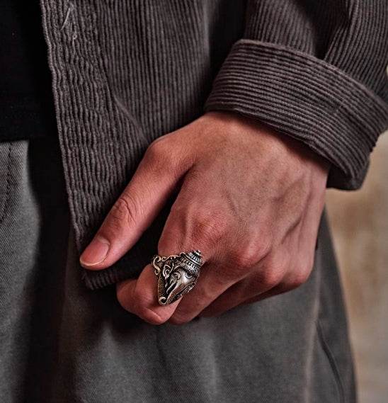 S925 sterling silver ring retro patron saint elephant open men's trendy hip-hop ring index finger ring - MOWTE
