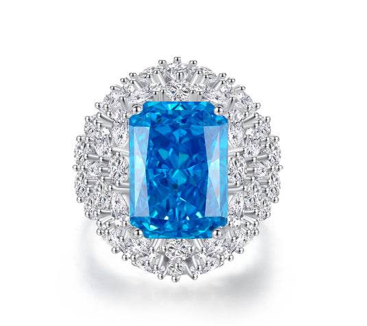 S925 silver high carbon diamond aquamarine ring luxury 8A zircon radiant gemstone ring - MOWTE
