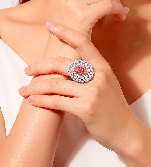 Oval cut padparadscha pink S925 sterling silver ring for women colored gemstones high carbon full diamond ring - MOWTE
