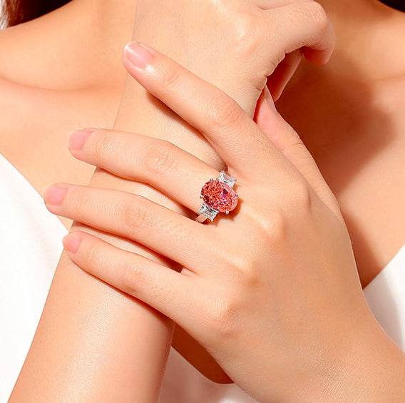 Oval cut padparadscha pink S925 sterling silver ring for women colored gemstones high carbon full diamond ring - MOWTE