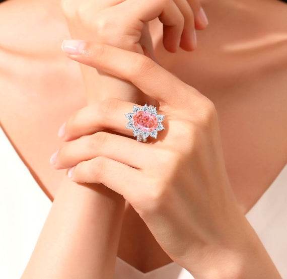 Padparadscha pink oval cut 925 sterling silver ring for women colored huge gemstones high carbon full diamond - MOWTE
