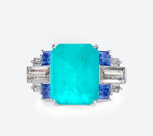 s925 silver 4 carat extremely high artificial sapphire rectangular 8*10 ring high carbon diamond retro luxury ring - MOWTE