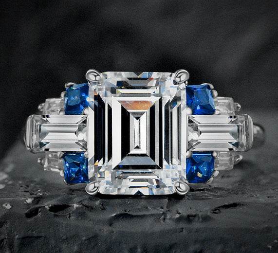 s925 silver 4 carat extremely high artificial sapphire rectangular 8*10 ring high carbon diamond retro luxury ring - MOWTE